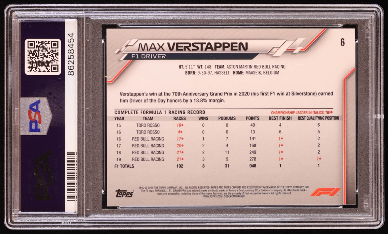 Max Verstappen 2020 Topps Chrome Formula 1 #6 (PSA 9) at PristineAuction.com Max Verstappen 2020 Topps Chrome Formula 1 #6 (PSA 9) at PristineAuction.com