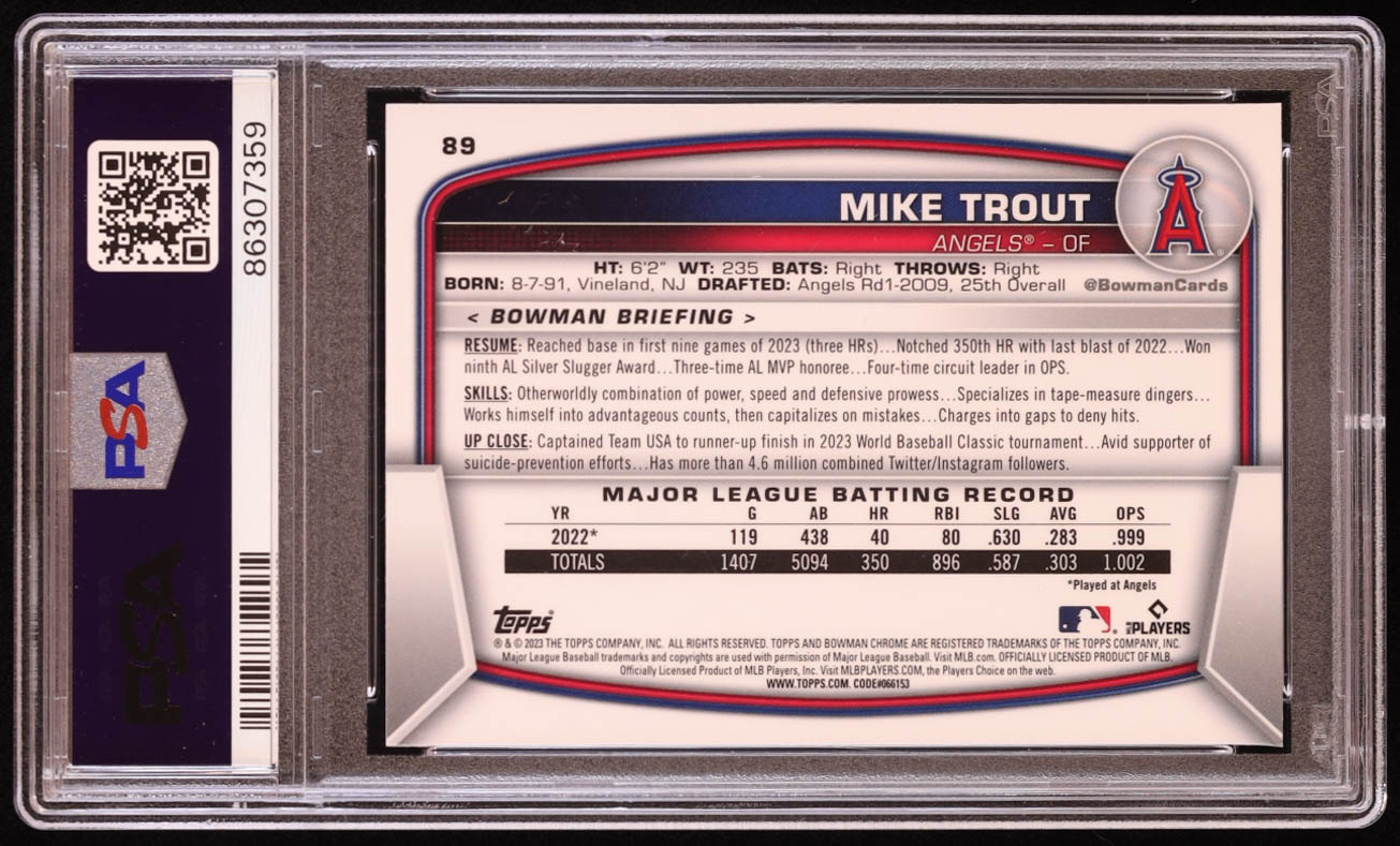 Mike Trout 2023 Bowman Chrome Sapphire #89 (PSA 9) at PristineAuction.com Mike Trout 2023 Bowman Chrome Sapphire #89 (PSA 9) at PristineAuction.com