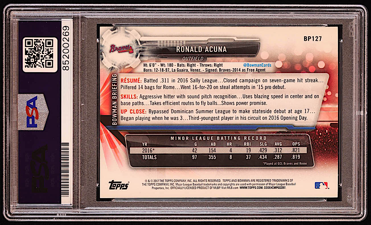 Ronald Acuna Jr. Signed 2017 Bowman Prospects #BP127 RC (PSA | Auto 9) at PristineAuction.com Ronald Acuna Jr. Signed 2017 Bowman Prospects #BP127 RC (PSA | Auto 9) at PristineAuction.com