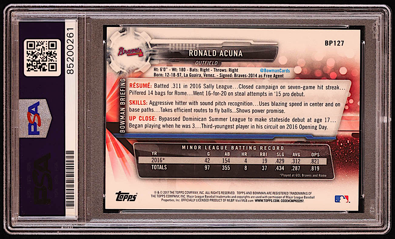 Ronald Acuna Jr. Signed 2017 Bowman Prospects #BP127 RC (PSA | Auto 8) at PristineAuction.com Ronald Acuna Jr. Signed 2017 Bowman Prospects #BP127 RC (PSA | Auto 8) at PristineAuction.com