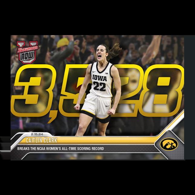 Caitlin Clark 2023-24 Bowman University Now / Breaks the Al-time NCAA Women's All-Time Scoring Record #49 RC at PristineAuction.com Caitlin Clark 2023-24 Bowman University Now / Breaks the Al-time NCAA Women's All-Time Scoring Record #49 RC at PristineAuction.com