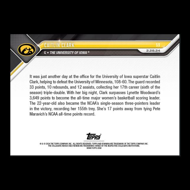 Caitlin Clark 2023-24 Bowman University Now / Breaks Women's Scoring and Single Season 3 Point Record #59 RC at PristineAuction.com Caitlin Clark 2023-24 Bowman University Now / Breaks Women's Scoring and Single Season 3 Point Record #59 RC at PristineAuction.com