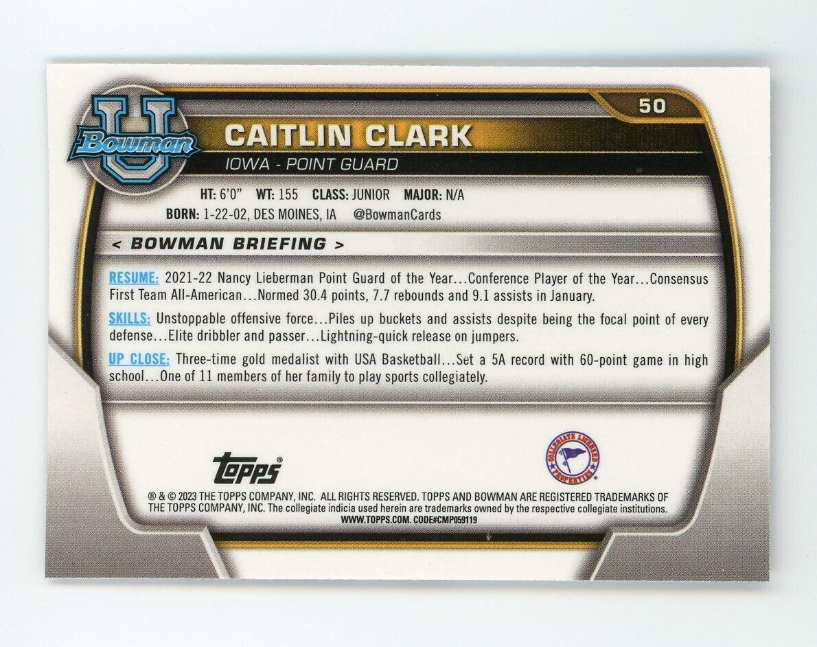 Caitlin Clark 2023-24 Bowman Chrome University #50 RC at PristineAuction.com Caitlin Clark 2023-24 Bowman Chrome University #50 RC at PristineAuction.com