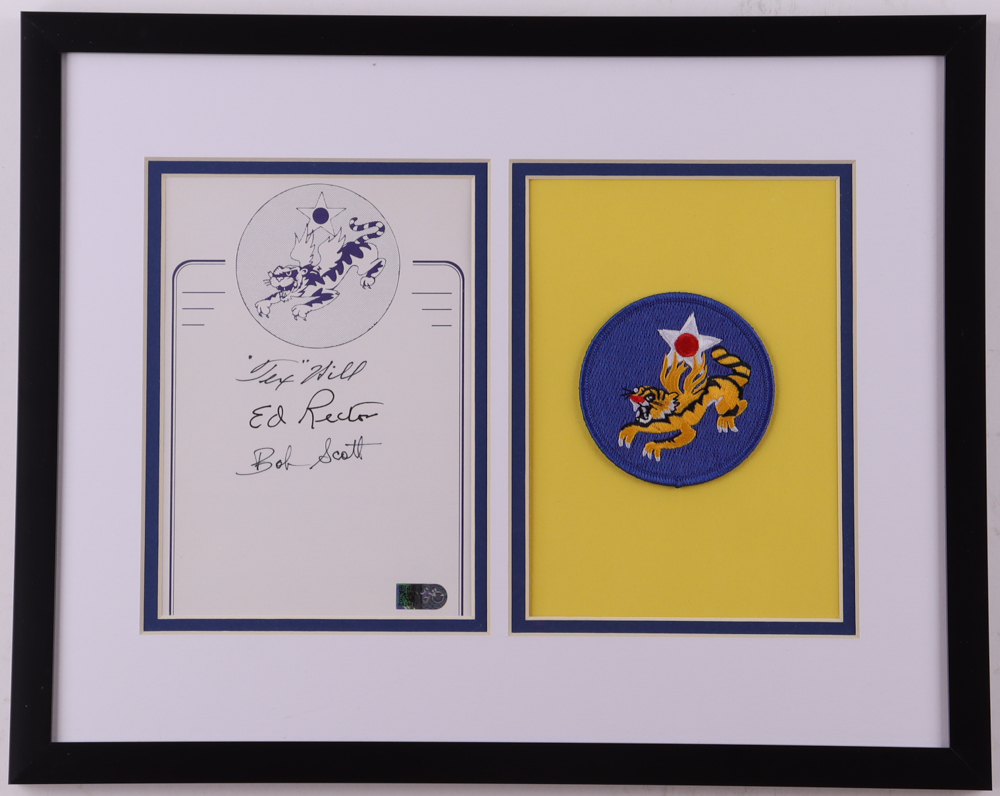 Tex Hill, Ed Rector & Robert Scott Jr. Signed Flying Tigers Custom Framed Postcard Display (AIV) at PristineAuction.com Tex Hill, Ed Rector & Robert Scott Jr. Signed Flying Tigers Custom Framed Postcard Display (AIV) at PristineAuction.com