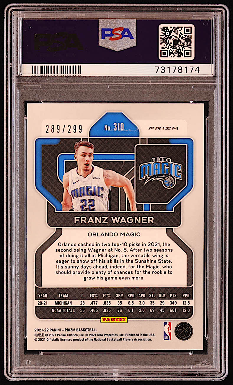 Franz Wagner 2021-22 Panini Prizm Prizms Red #310 RC #289/299 (PSA 9) at PristineAuction.com Franz Wagner 2021-22 Panini Prizm Prizms Red #310 RC #289/299 (PSA 9) at PristineAuction.com