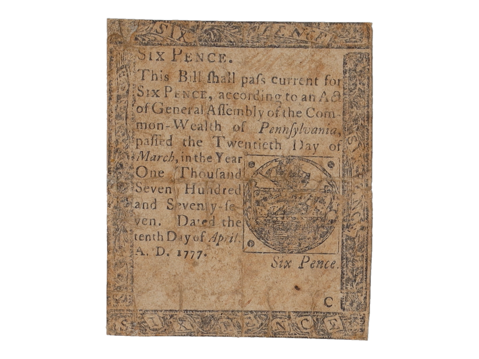 1777 Colonial Currency Note - Six Pence - Philadelphia at PristineAuction.com 1777 Colonial Currency Note - Six Pence - Philadelphia at PristineAuction.com