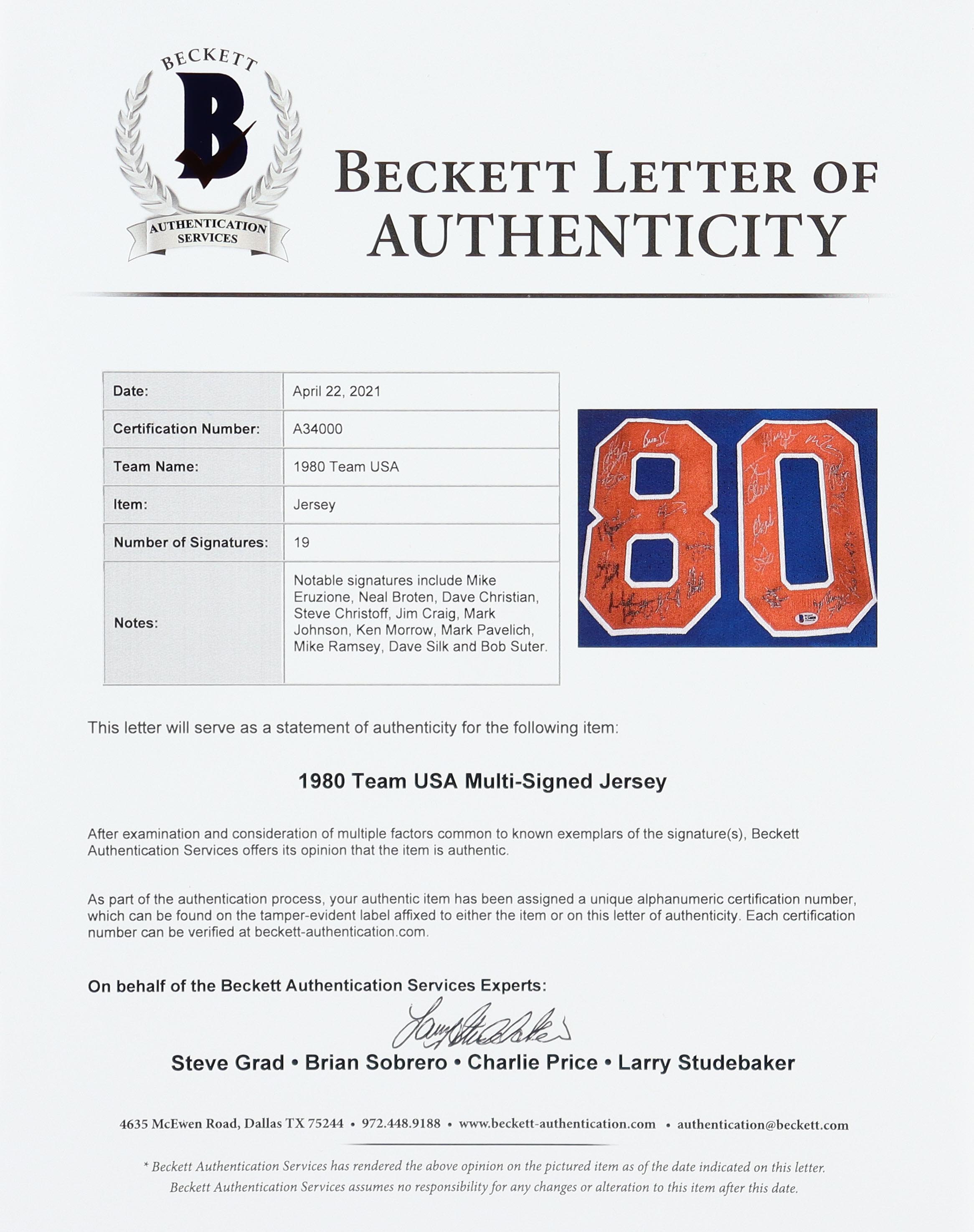 1980 Team USA Hockey "Miracle on Ice" Jersey Signed by (19) with Mike Eruzione, Jim Craig, Ken Morrow & Buzz Schneider (Beckett) at PristineAuction.com 1980 Team USA Hockey "Miracle on Ice" Jersey Signed by (19) with Mike Eruzione, Jim Craig, Ken Morrow & Buzz Schneider (Beckett) at PristineAuction.com