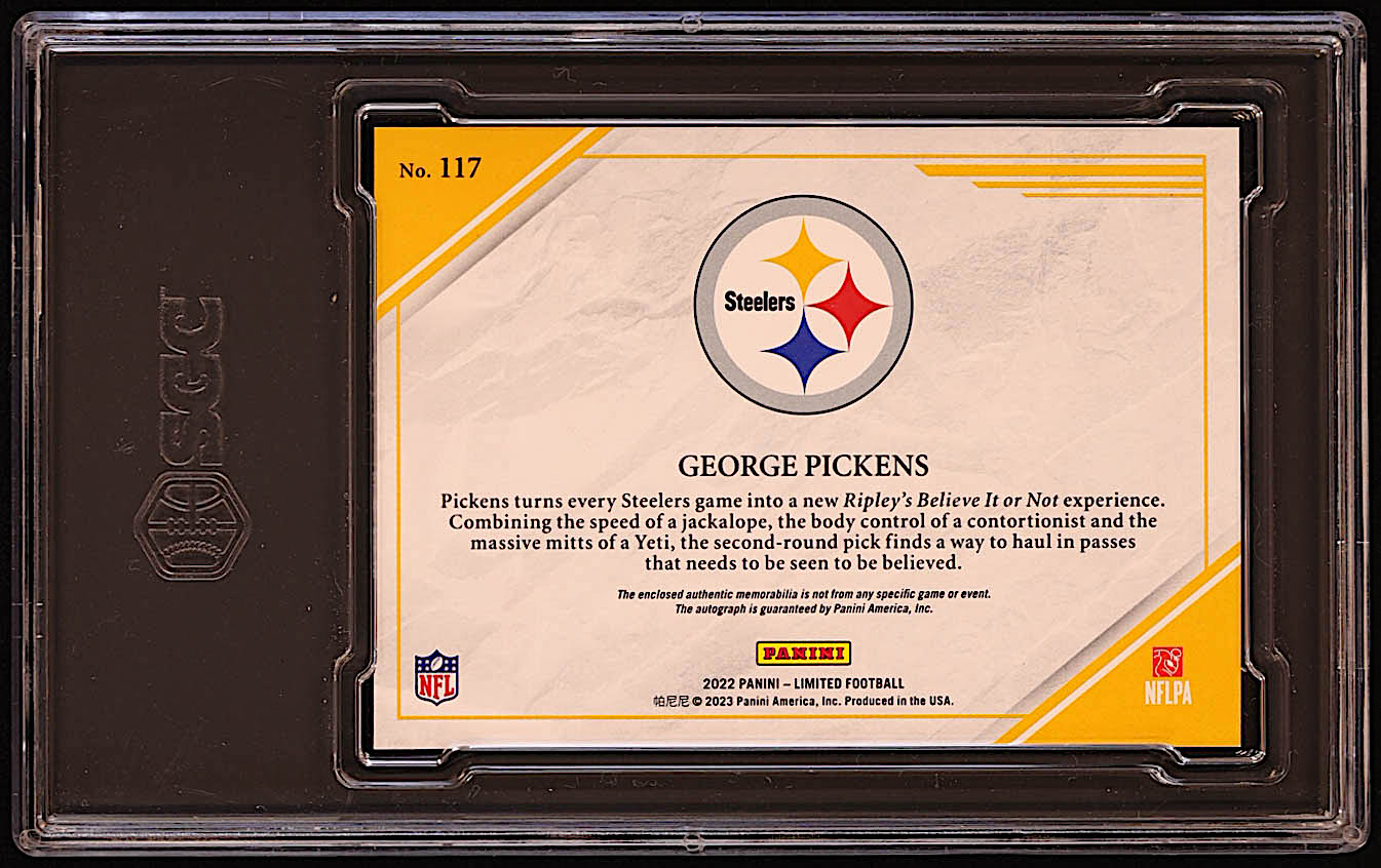George Pickens 2022 Limited #117 Jersey Autograph RC #105/199 (SGC 9 | Autograph Graded SGC 10) at PristineAuction.com George Pickens 2022 Limited #117 Jersey Autograph RC #105/199 (SGC 9 | Autograph Graded SGC 10) at PristineAuction.com