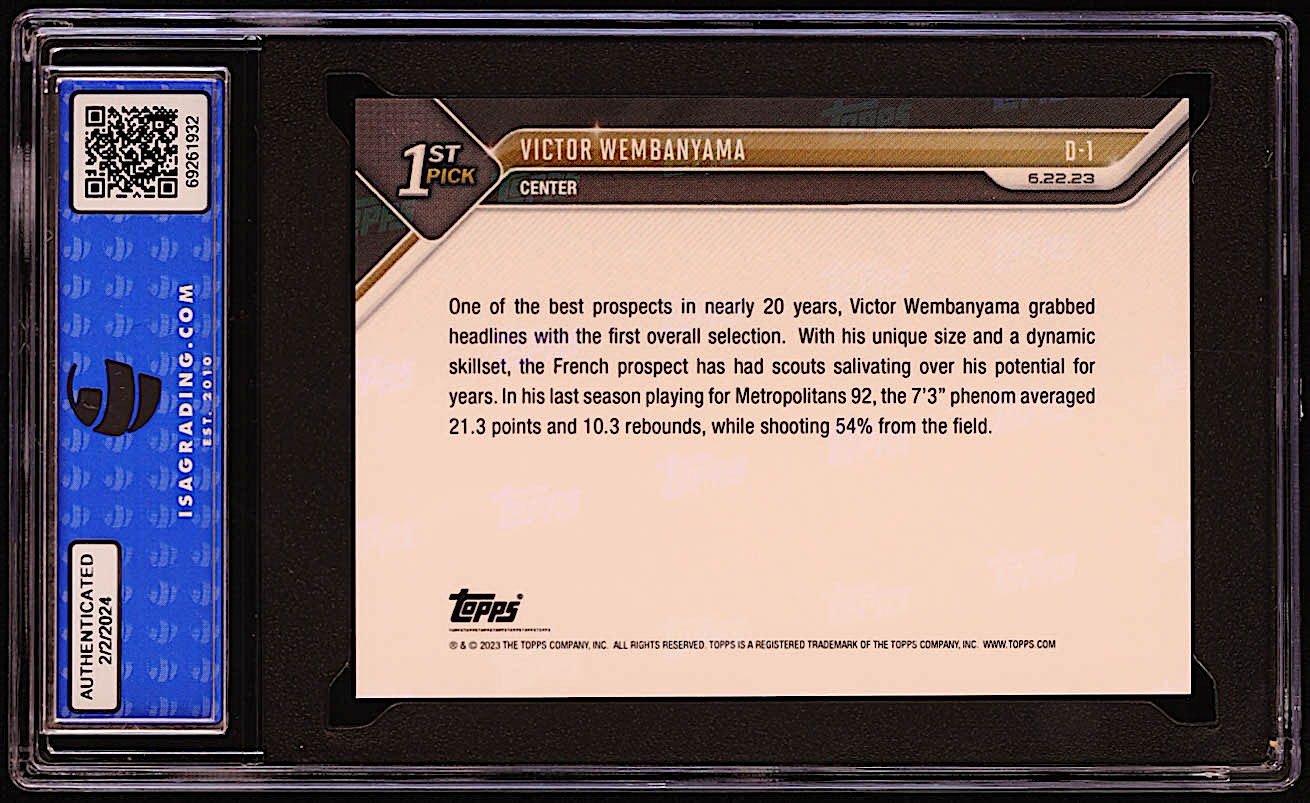 Victor Wembanyama 2023 Topps Now Draft #D1 RC (ISA 10) at PristineAuction.com Victor Wembanyama 2023 Topps Now Draft #D1 RC (ISA 10) at PristineAuction.com