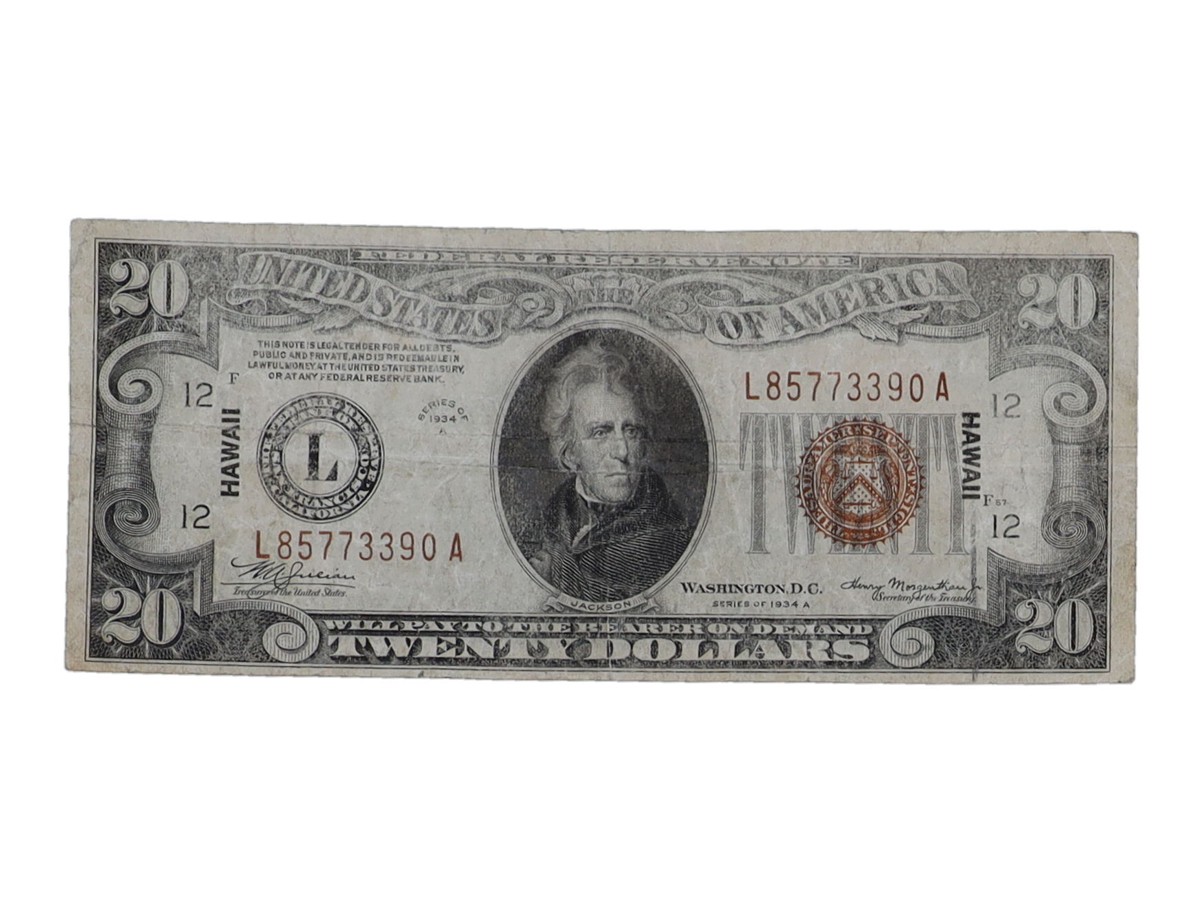 1934 $20 Ten Dollars Hawaii Overprint Federal Reserve Note at PristineAuction.com 1934 $20 Ten Dollars Hawaii Overprint Federal Reserve Note at PristineAuction.com