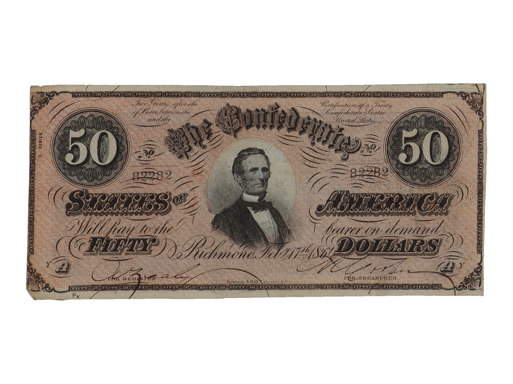 1864 Confederate States of America $50 Fifty Dollar Bank Note at PristineAuction.com 1864 Confederate States of America $50 Fifty Dollar Bank Note at PristineAuction.com