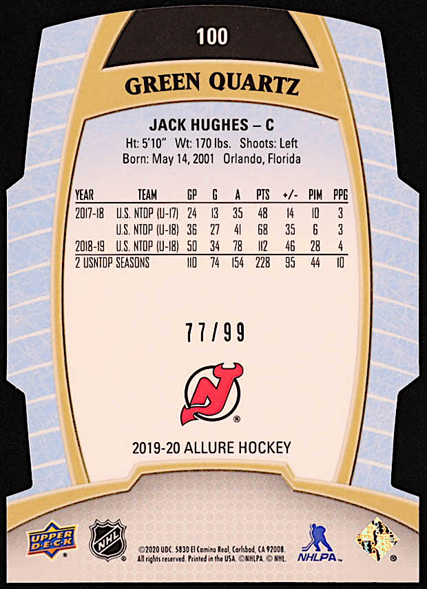 Jack Hughes 2019-20 Upper Deck Allure Green Quartz #100 RC #77/99 at PristineAuction.com Jack Hughes 2019-20 Upper Deck Allure Green Quartz #100 RC #77/99 at PristineAuction.com