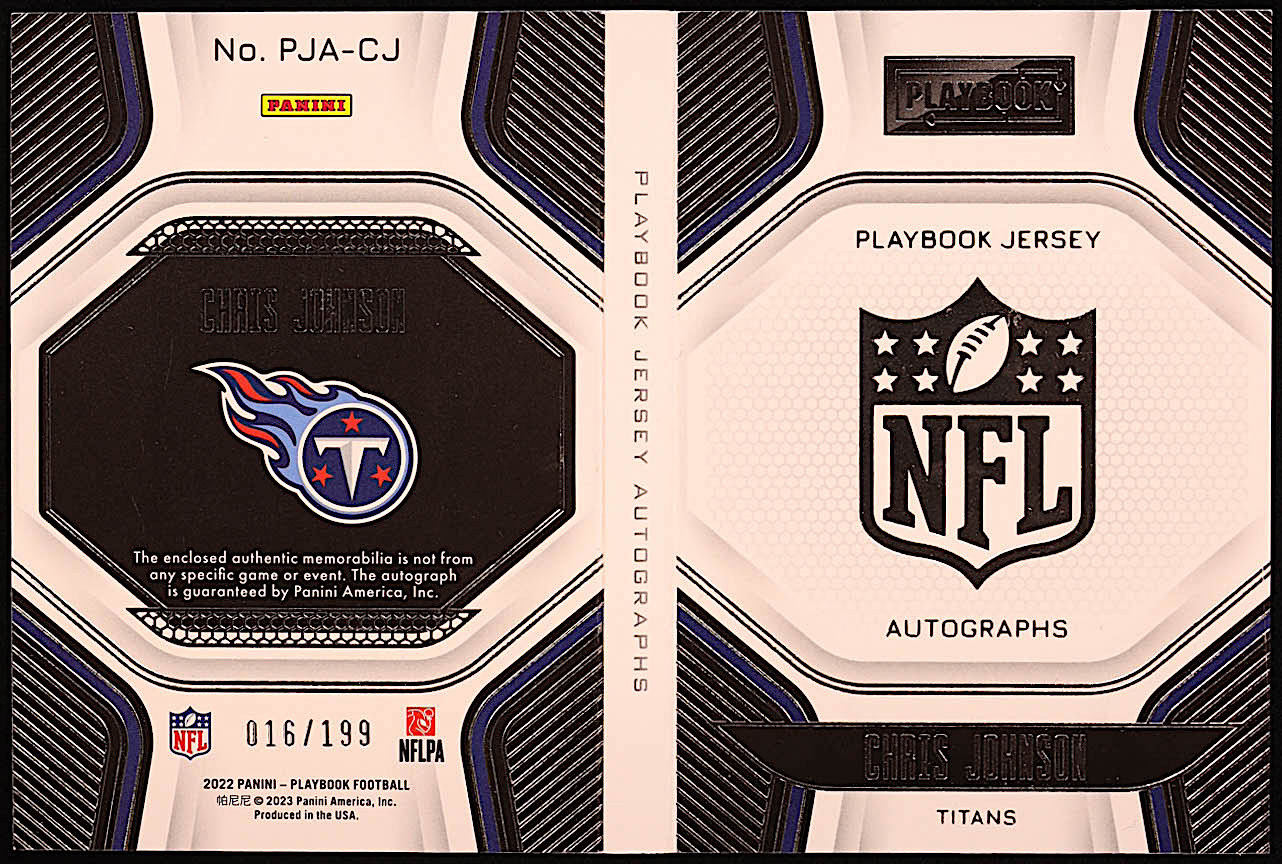 Chris Johnson 2022 Panini Playbook Playbook Jersey Autographs #14 #016/199 at PristineAuction.com Chris Johnson 2022 Panini Playbook Playbook Jersey Autographs #14 #016/199 at PristineAuction.com