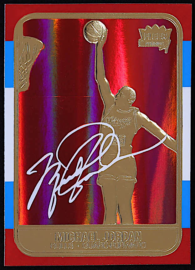 Michael Jordan 1997 Fleer Premier Signature Series Red Holo Refractor 23Kt Gold Card at PristineAuction.com Michael Jordan 1997 Fleer Premier Signature Series Red Holo Refractor 23Kt Gold Card at PristineAuction.com