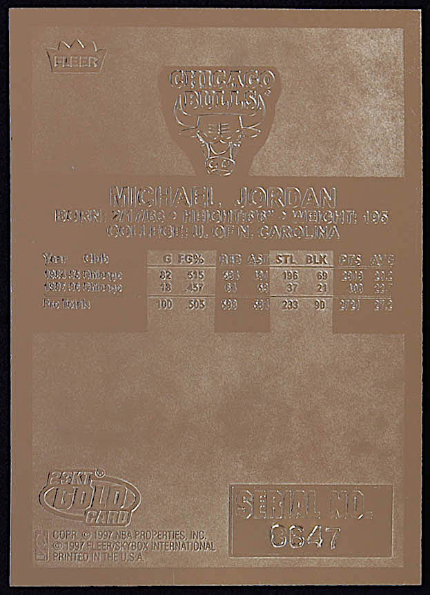 Michael Jordan 1997 Fleer Premier Signature Series Red Holo Refractor 23Kt Gold Card at PristineAuction.com Michael Jordan 1997 Fleer Premier Signature Series Red Holo Refractor 23Kt Gold Card at PristineAuction.com