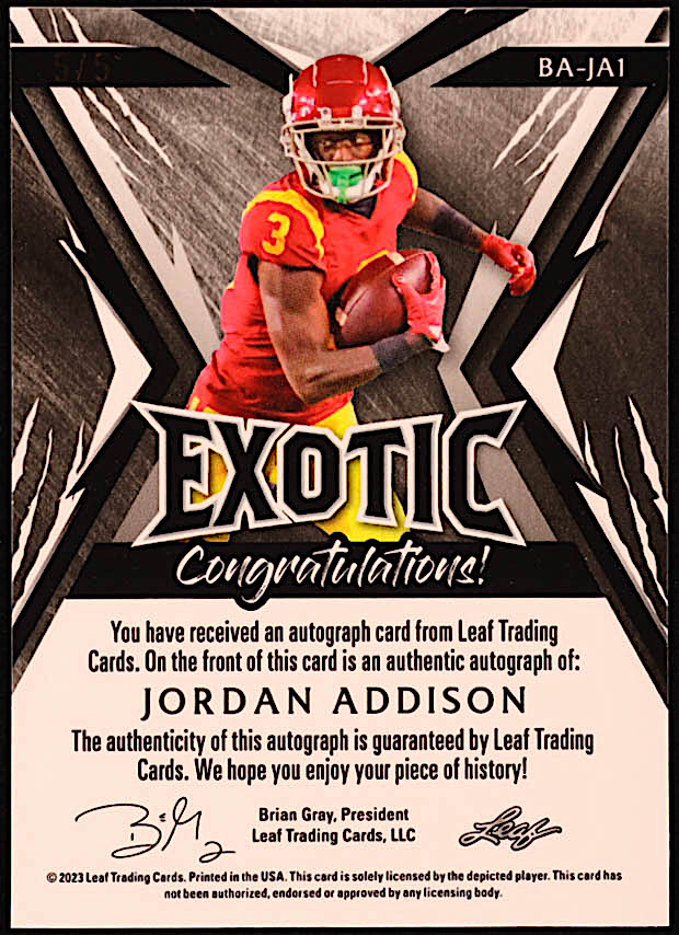 Jordan Addison 2023 Leaf Exotic Prismatic Giraffe #BAJA1 RC #5/5 at PristineAuction.com Jordan Addison 2023 Leaf Exotic Prismatic Giraffe #BAJA1 RC #5/5 at PristineAuction.com