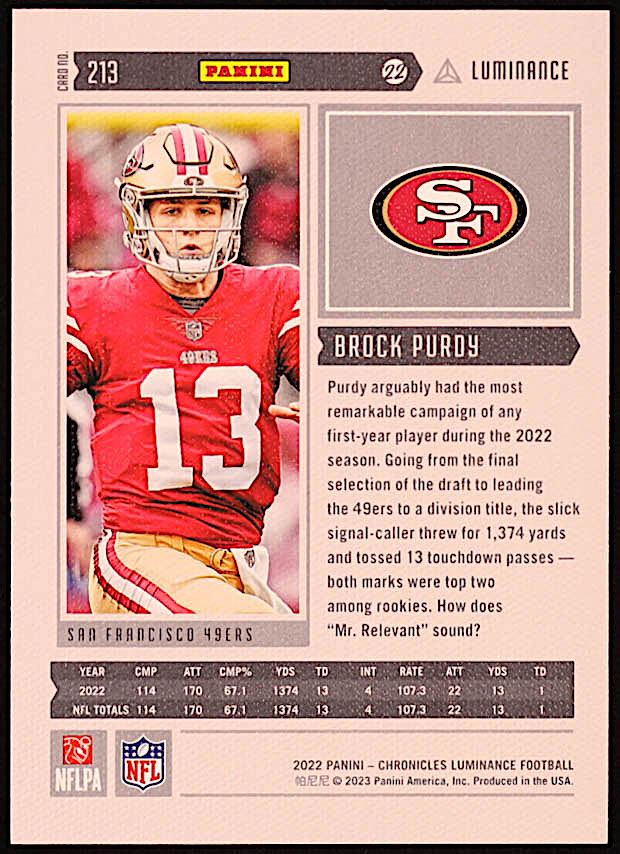 Brock Purdy 2022 Panini Chronicles Luminance Update Vertical Rookies #213 RC at PristineAuction.com Brock Purdy 2022 Panini Chronicles Luminance Update Vertical Rookies #213 RC at PristineAuction.com