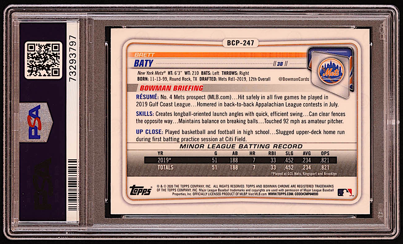 Brett Baty 2020 Bowman Chrome Mega Box Prospects Refractors #BCP247 RC (PSA 10) at PristineAuction.com Brett Baty 2020 Bowman Chrome Mega Box Prospects Refractors #BCP247 RC (PSA 10) at PristineAuction.com