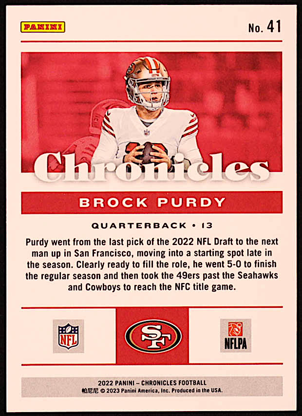Brock Purdy 2022 Panini Chronicles #41 RC at PristineAuction.com Brock Purdy 2022 Panini Chronicles #41 RC at PristineAuction.com