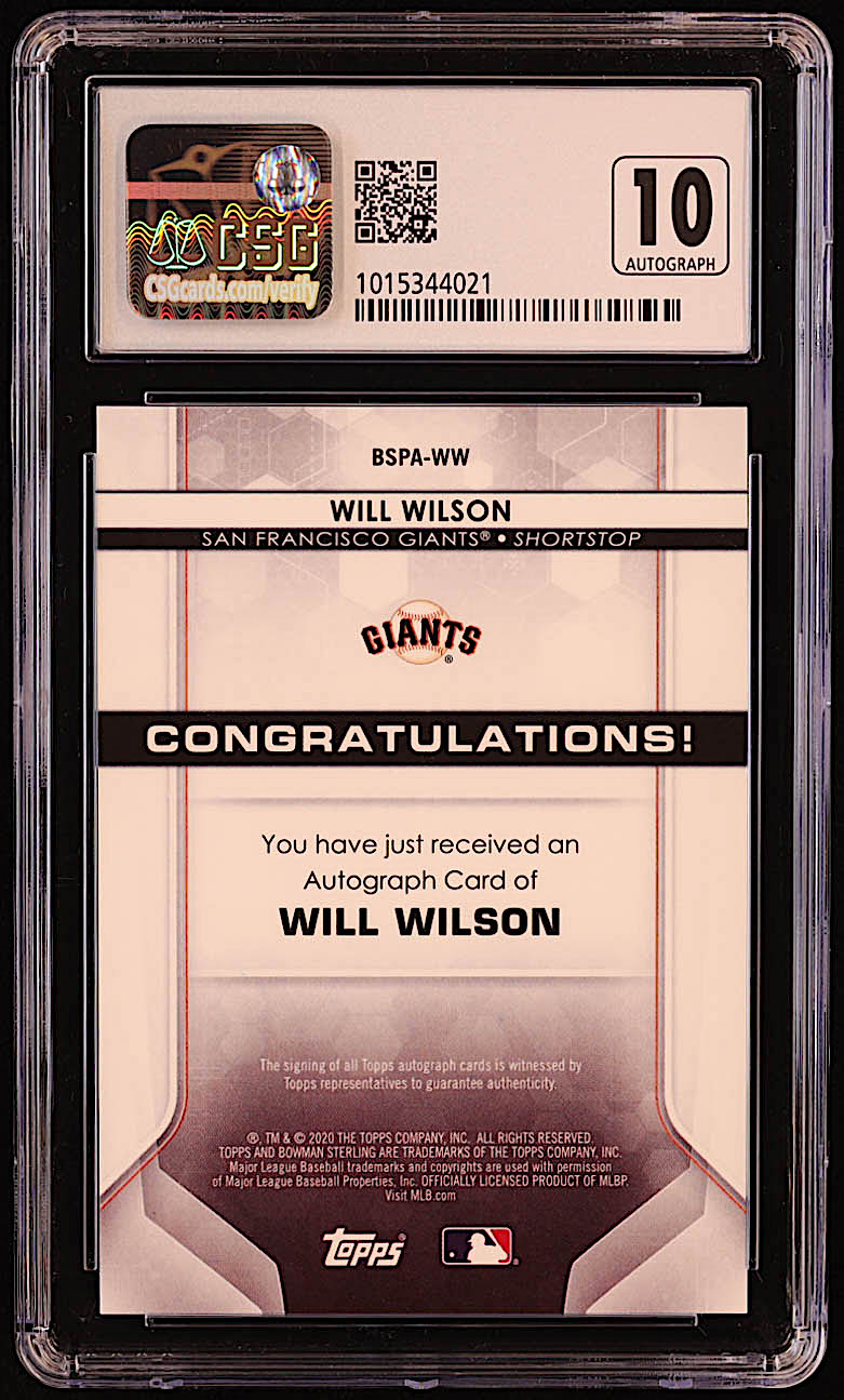 Will Wilson 2020 Bowman Sterling Prospect Autographs #BSPAWW RC (CSG 9 | Auto 10) at PristineAuction.com Will Wilson 2020 Bowman Sterling Prospect Autographs #BSPAWW RC (CSG 9 | Auto 10) at PristineAuction.com