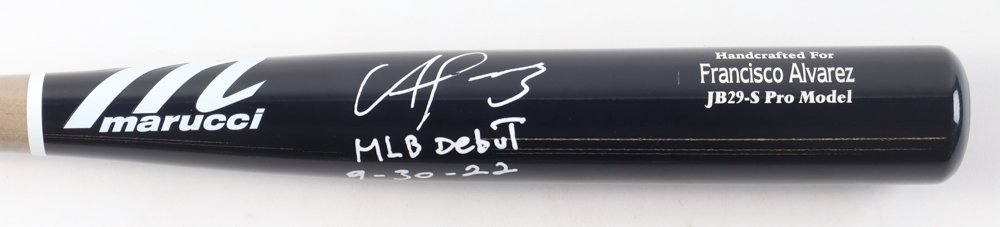 Francisco Alvarez Signed Marucci Player Pro Model Baseball Bat Inscribed "MLB Debut 9-30-22" (Beckett) at PristineAuction.com Francisco Alvarez Signed Marucci Player Pro Model Baseball Bat Inscribed "MLB Debut 9-30-22" (Beckett) at PristineAuction.com