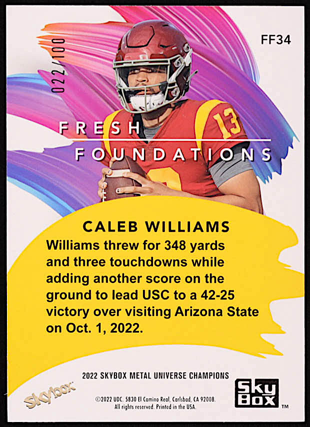 Caleb Williams 2022 Skybox Metal Universe Champions Fresh Foundation Precious Metal Gems Red #FF34 RC #22/100 at PristineAuction.com Caleb Williams 2022 Skybox Metal Universe Champions Fresh Foundation Precious Metal Gems Red #FF34 RC #22/100 at PristineAuction.com