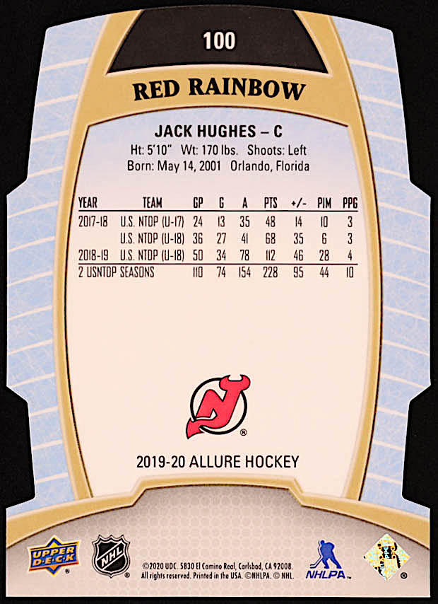 Jack Hughes 2019-20 Upper Deck Allure Red Rainbow #100 RC at PristineAuction.com Jack Hughes 2019-20 Upper Deck Allure Red Rainbow #100 RC at PristineAuction.com