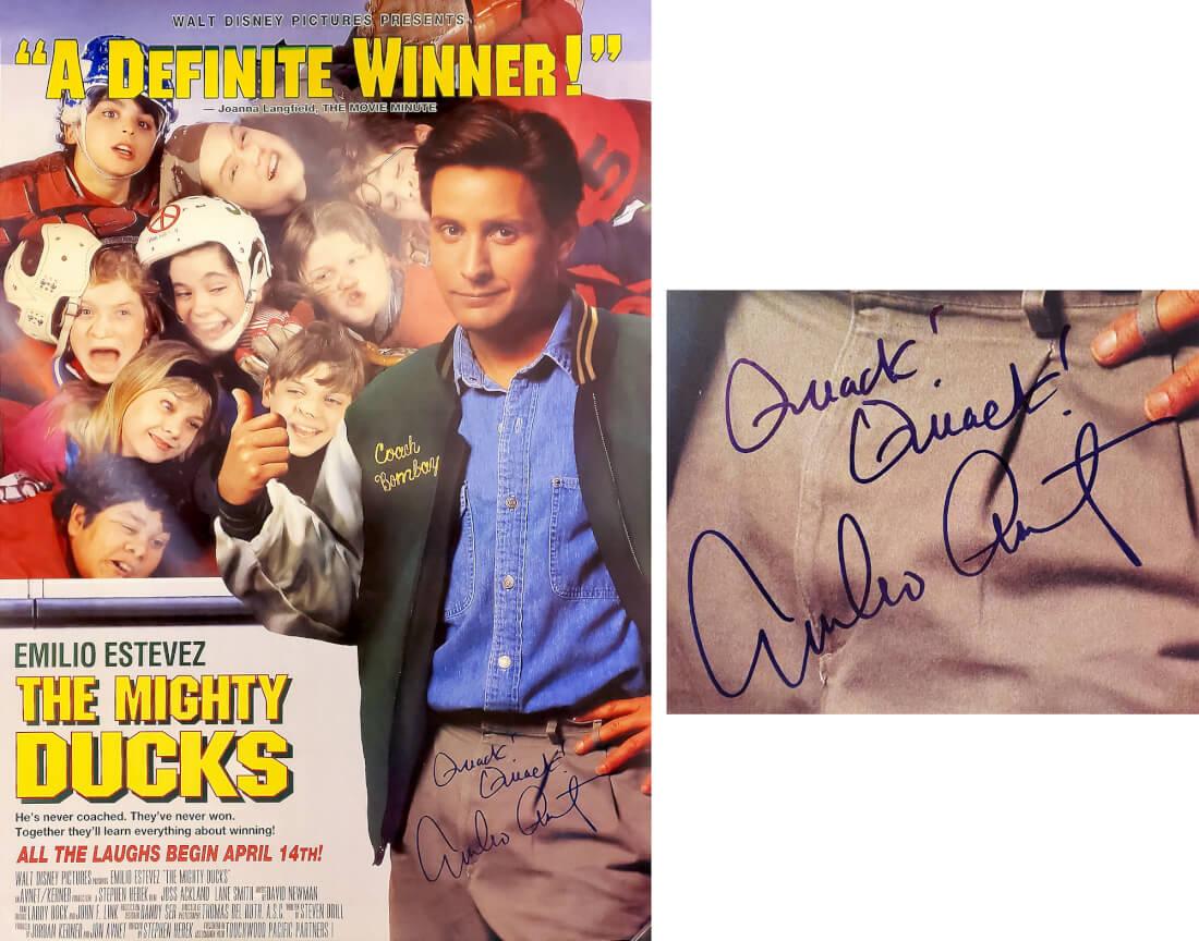 Emilio Estevez Signed "The Mighty Ducks" 27x40 Movie Poster Inscribed "Quack! Quack!" (Schwartz) at PristineAuction.com Emilio Estevez Signed "The Mighty Ducks" 27x40 Movie Poster Inscribed "Quack! Quack!" (Schwartz) at PristineAuction.com
