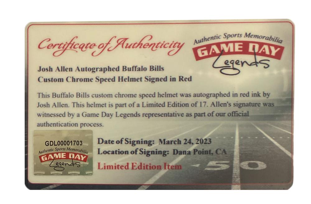 Josh Allen Signed Bills LE Full-Size Authentic On-Field Chrome Alternate Speed Helmet (Beckett & Game Day Legends) at PristineAuction.com Josh Allen Signed Bills LE Full-Size Authentic On-Field Chrome Alternate Speed Helmet (Beckett & Game Day Legends) at PristineAuction.com