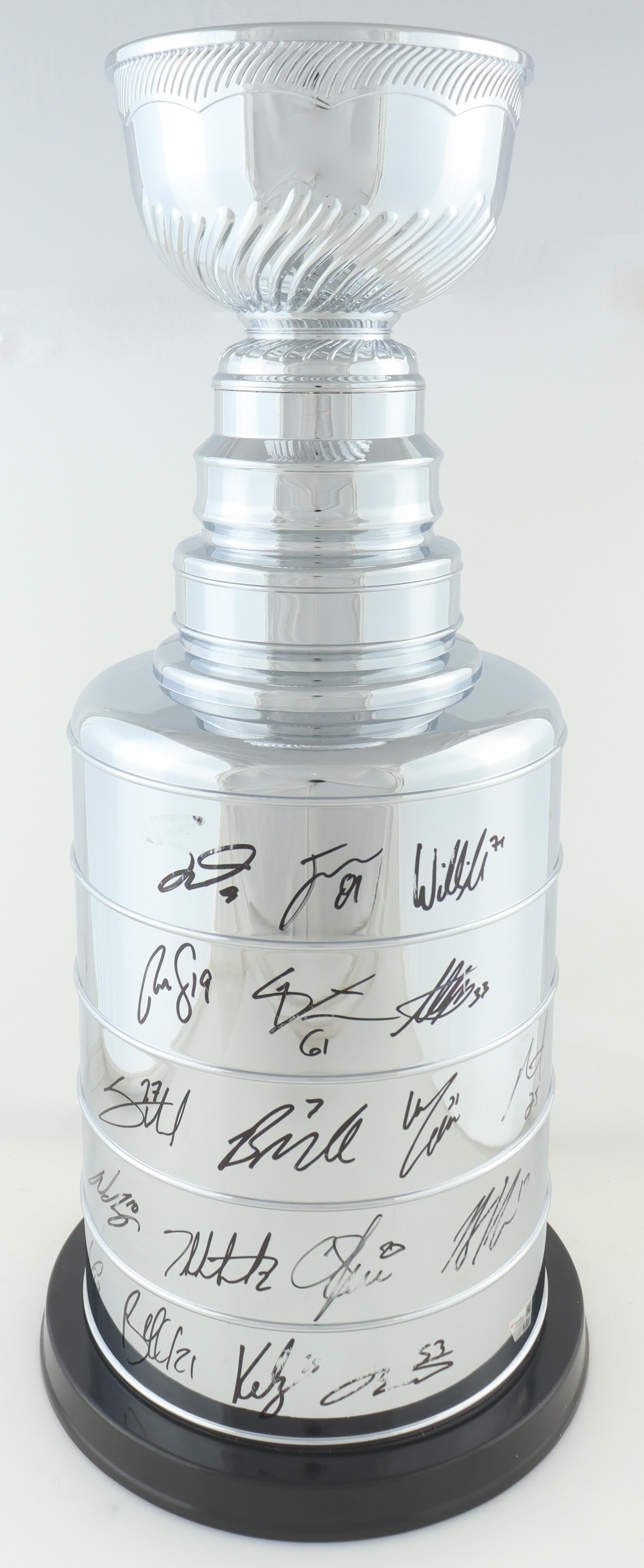 2023 Golden Knights LE Stanley Cup Replica Trophy Signed By (18) With Jack Eichel, Jonathan Marchessault, William Karlsson, Adin Hill (Fanatics) at PristineAuction.com 2023 Golden Knights LE Stanley Cup Replica Trophy Signed By (18) With Jack Eichel, Jonathan Marchessault, William Karlsson, Adin Hill (Fanatics) at PristineAuction.com