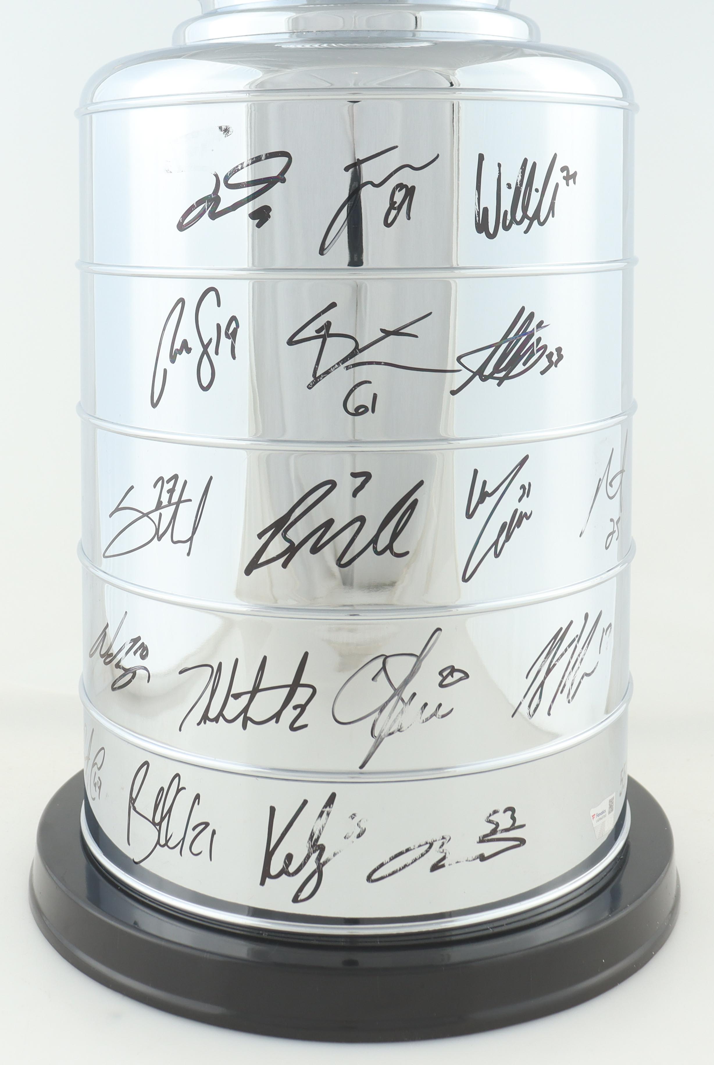 2023 Golden Knights LE Stanley Cup Replica Trophy Signed By (18) With Jack Eichel, Jonathan Marchessault, William Karlsson, Adin Hill (Fanatics) at PristineAuction.com 2023 Golden Knights LE Stanley Cup Replica Trophy Signed By (18) With Jack Eichel, Jonathan Marchessault, William Karlsson, Adin Hill (Fanatics) at PristineAuction.com