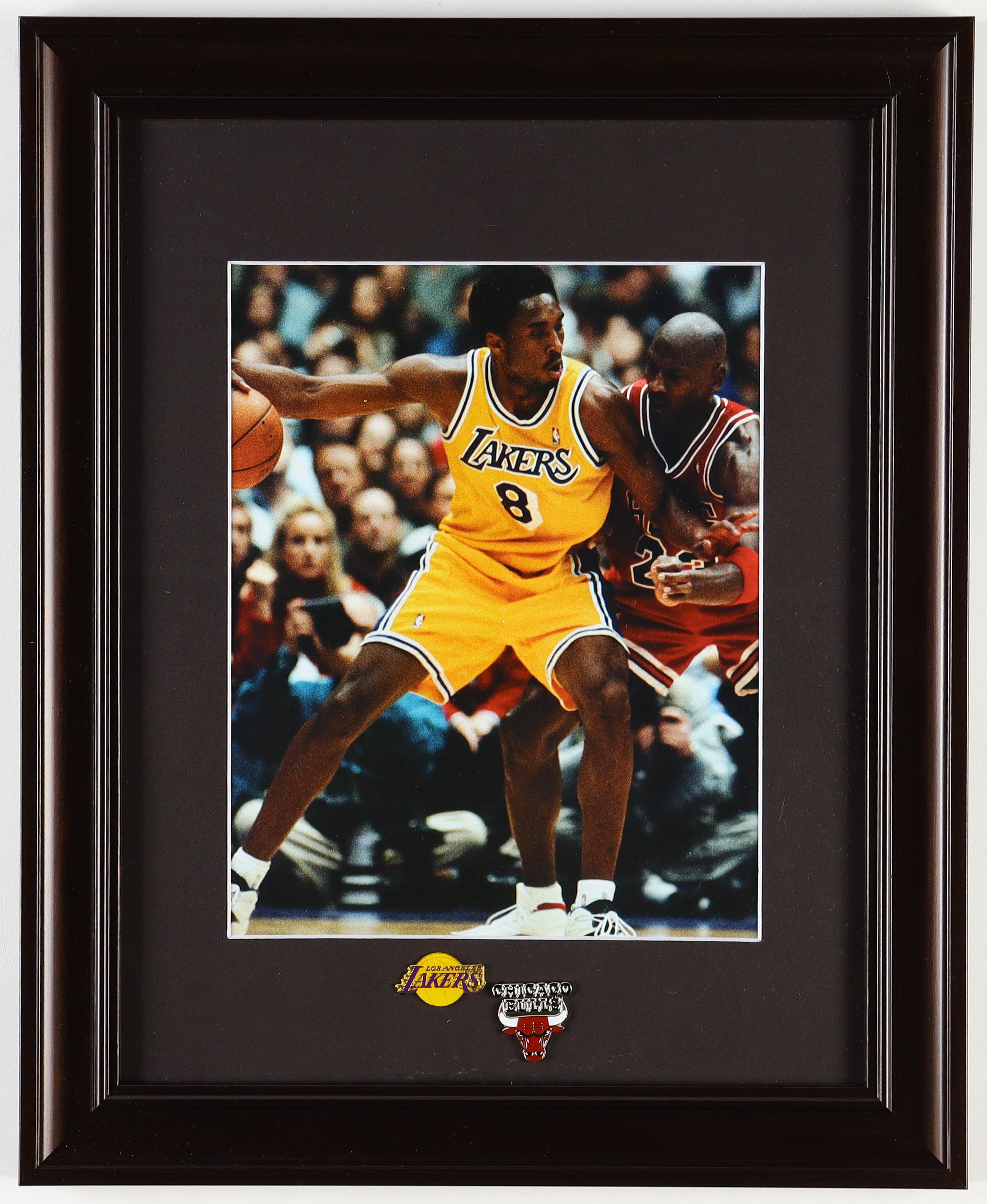 Kobe Bryant & Michael Jordan Custom Framed Photo With Lakers & Bulls Team Logo Pins at PristineAuction.com Kobe Bryant & Michael Jordan Custom Framed Photo With Lakers & Bulls Team Logo Pins at PristineAuction.com