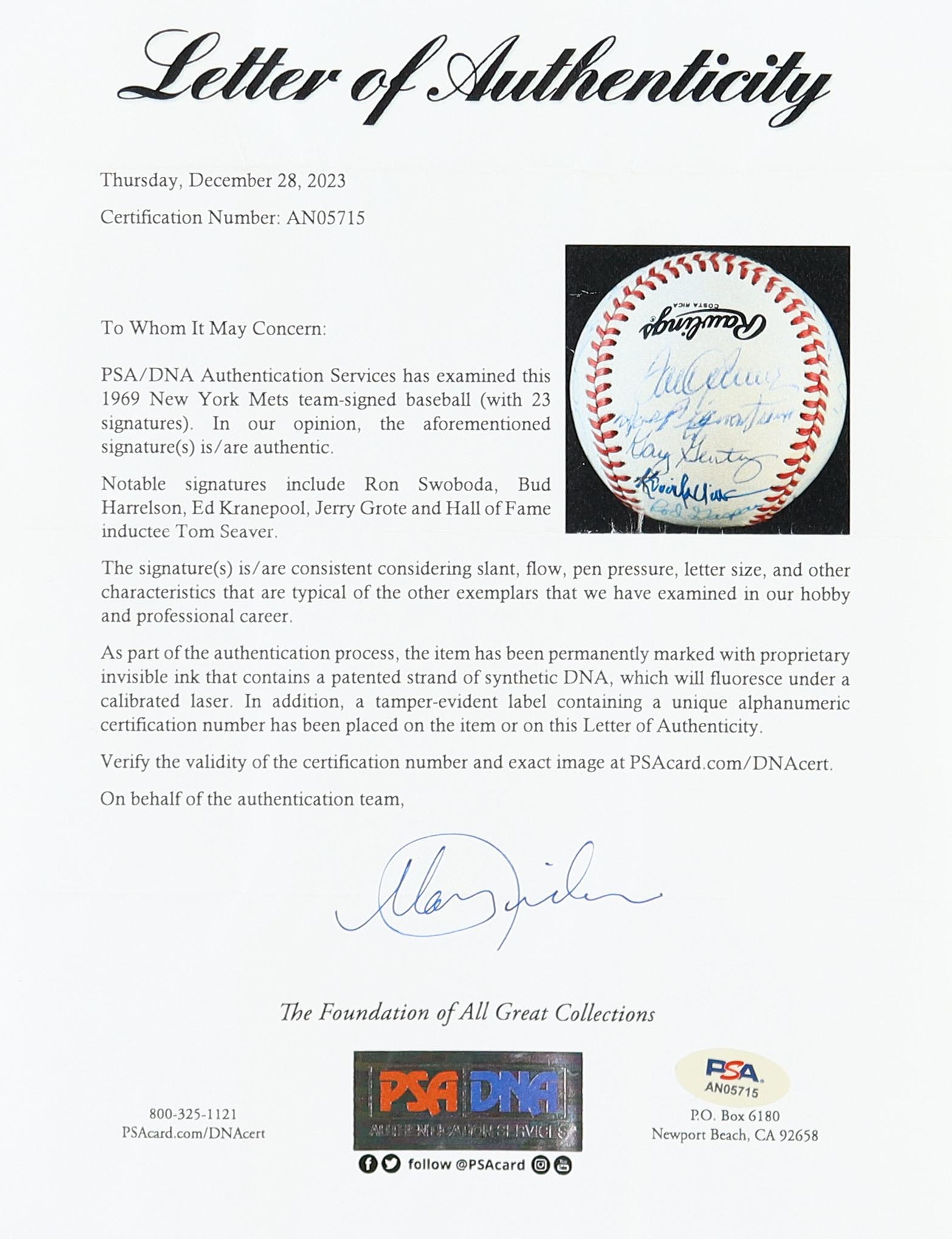 1969 Mets ONL Baseball Team-Signed by (23) with Tom Seaver, Ron Swoboda, Bud Harrelson, Ed Kranepool with Display Case (PSA) at PristineAuction.com 1969 Mets ONL Baseball Team-Signed by (23) with Tom Seaver, Ron Swoboda, Bud Harrelson, Ed Kranepool with Display Case (PSA) at PristineAuction.com