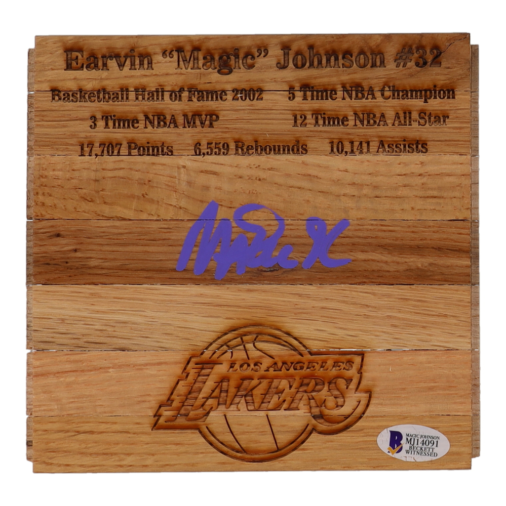 Magic Johnson Custom Magic Johnson Signed 6x6 Custom Engraved Wood Floorboard Piece (Johnson ...