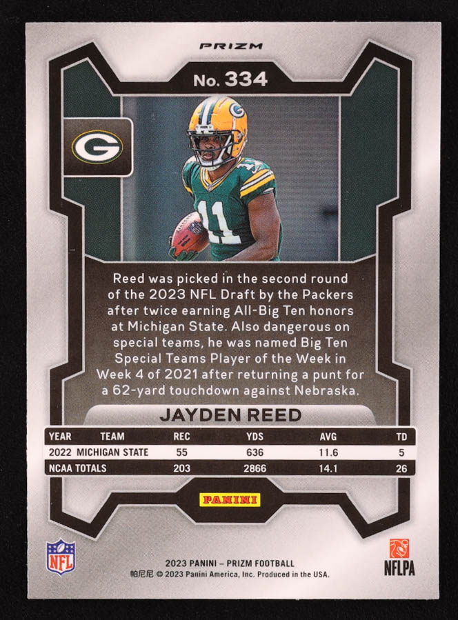 Jayden Reed 2023 Panini Prizm Prizms Orange Lazer #334 RC at PristineAuction.com Jayden Reed 2023 Panini Prizm Prizms Orange Lazer #334 RC at PristineAuction.com