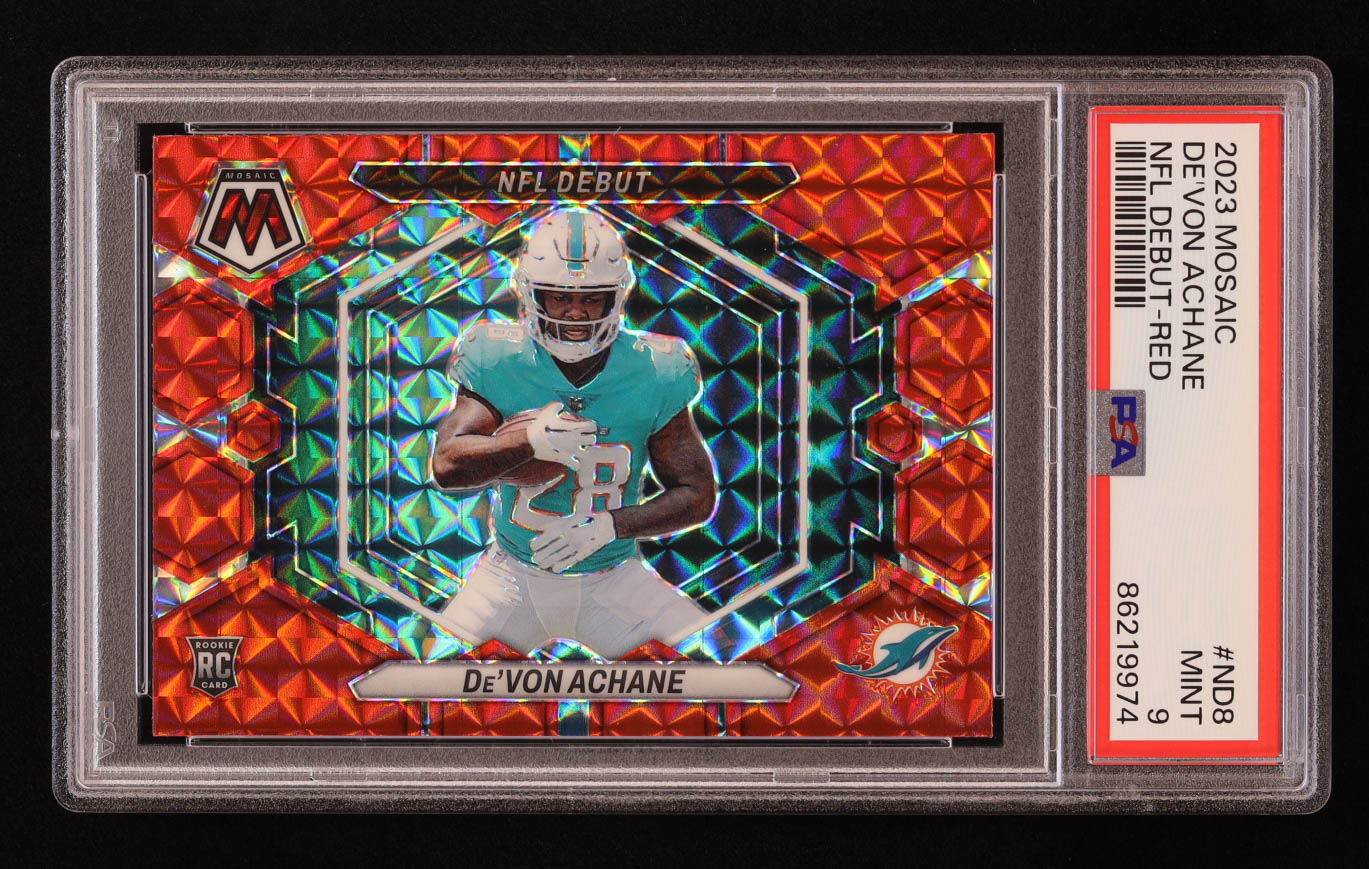 De'Von Achane 2023 Panini Mosaic NFL Debut Mosaic Red #8 RC (PSA 9) at PristineAuction.com De'Von Achane 2023 Panini Mosaic NFL Debut Mosaic Red #8 RC (PSA 9) at PristineAuction.com