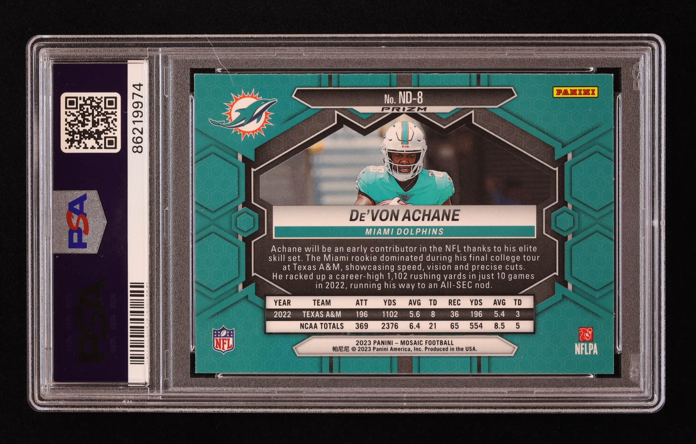 De'Von Achane 2023 Panini Mosaic NFL Debut Mosaic Red #8 RC (PSA 9) at PristineAuction.com De'Von Achane 2023 Panini Mosaic NFL Debut Mosaic Red #8 RC (PSA 9) at PristineAuction.com