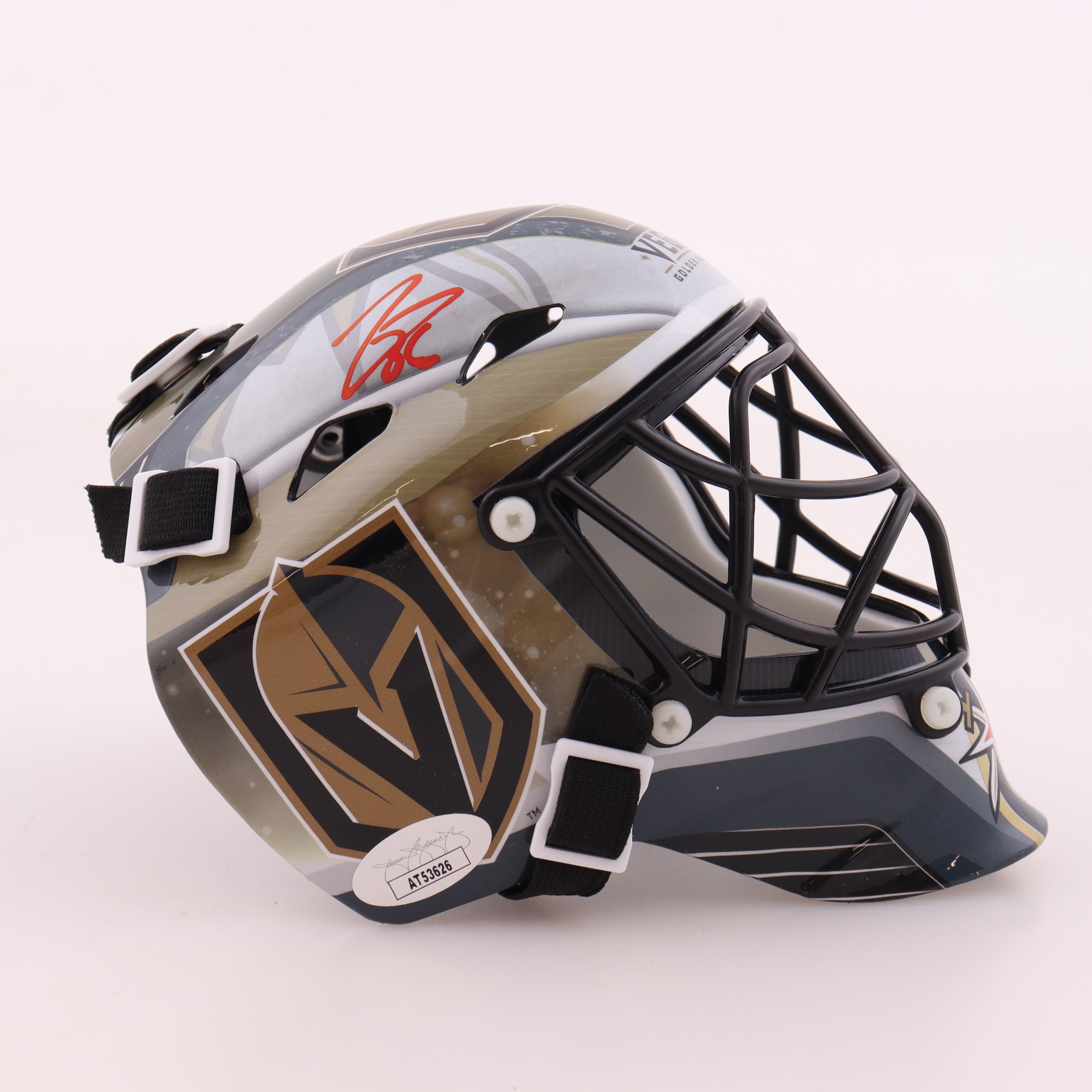Logan Thompson Signed Golden Knights Mini Goalie Helmet (JSA) at PristineAuction.com Logan Thompson Signed Golden Knights Mini Goalie Helmet (JSA) at PristineAuction.com