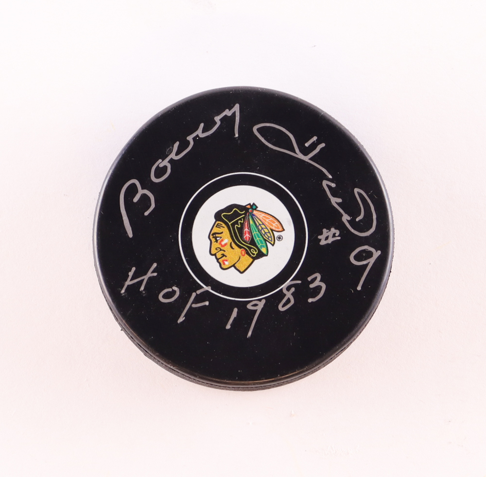 Bobby Hull Signed Blackhawks Logo Hockey Puck Inscribed "HOF 1983" (PSA) at PristineAuction.com Bobby Hull Signed Blackhawks Logo Hockey Puck Inscribed "HOF 1983" (PSA) at PristineAuction.com