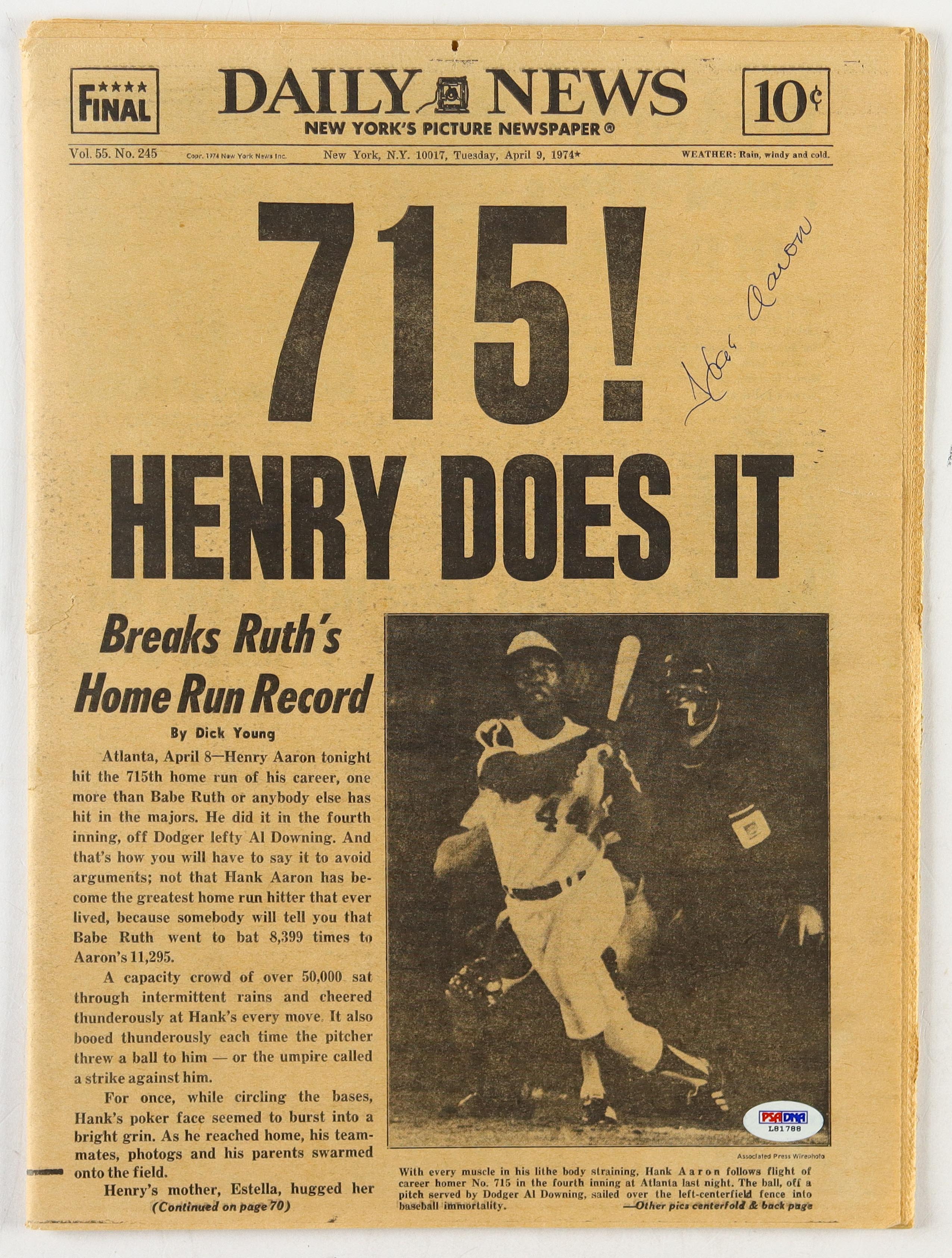 Hank Aaron Signed Record Breaking Home Run #715 Original 1974 New York Daily News Full Newspaper (PSA) at PristineAuction.com Hank Aaron Signed Record Breaking Home Run #715 Original 1974 New York Daily News Full Newspaper (PSA) at PristineAuction.com