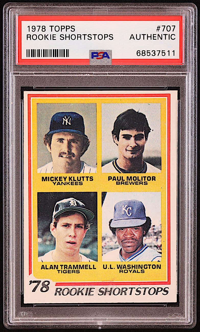 1978 Topps #707 Rookie Shortstops / Mickey Klutts / Paul Molitor RC / Alan Trammell RC / U.L. Washington RC (PSA) at PristineAuction.com 1978 Topps #707 Rookie Shortstops / Mickey Klutts / Paul Molitor RC / Alan Trammell RC / U.L. Washington RC (PSA) at PristineAuction.com