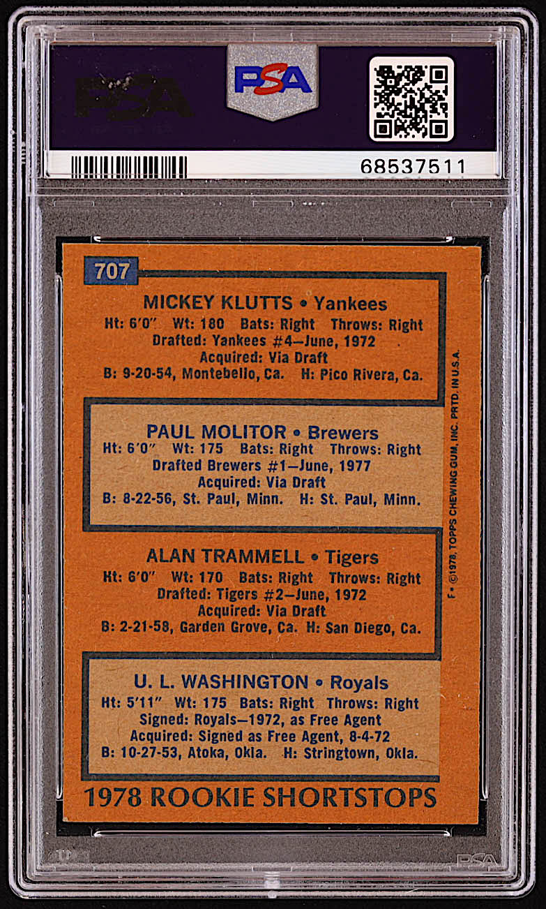 1978 Topps #707 Rookie Shortstops / Mickey Klutts / Paul Molitor RC / Alan Trammell RC / U.L. Washington RC (PSA) at PristineAuction.com 1978 Topps #707 Rookie Shortstops / Mickey Klutts / Paul Molitor RC / Alan Trammell RC / U.L. Washington RC (PSA) at PristineAuction.com