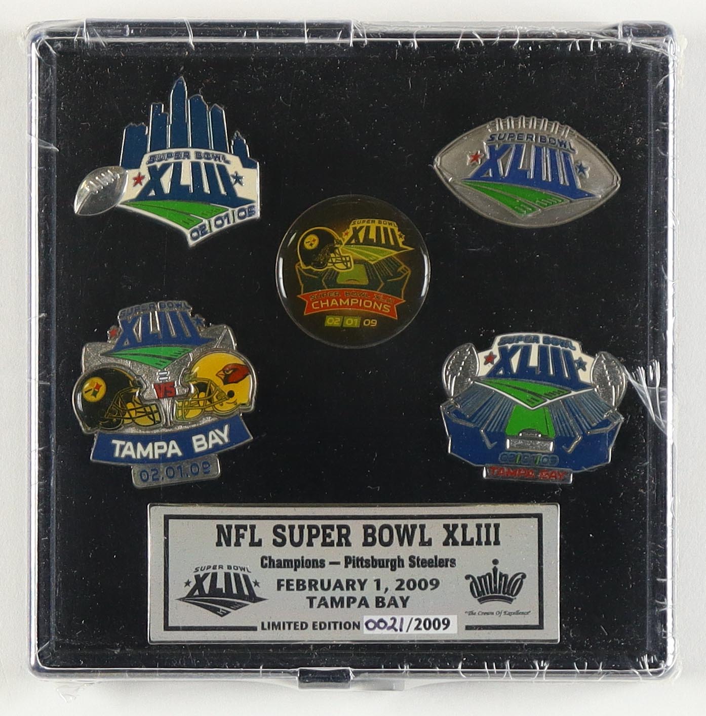 Steelers LE Factory Sealed (5) Piece Super Bowl XLIII Champions Pin Set at PristineAuction.com Steelers LE Factory Sealed (5) Piece Super Bowl XLIII Champions Pin Set at PristineAuction.com