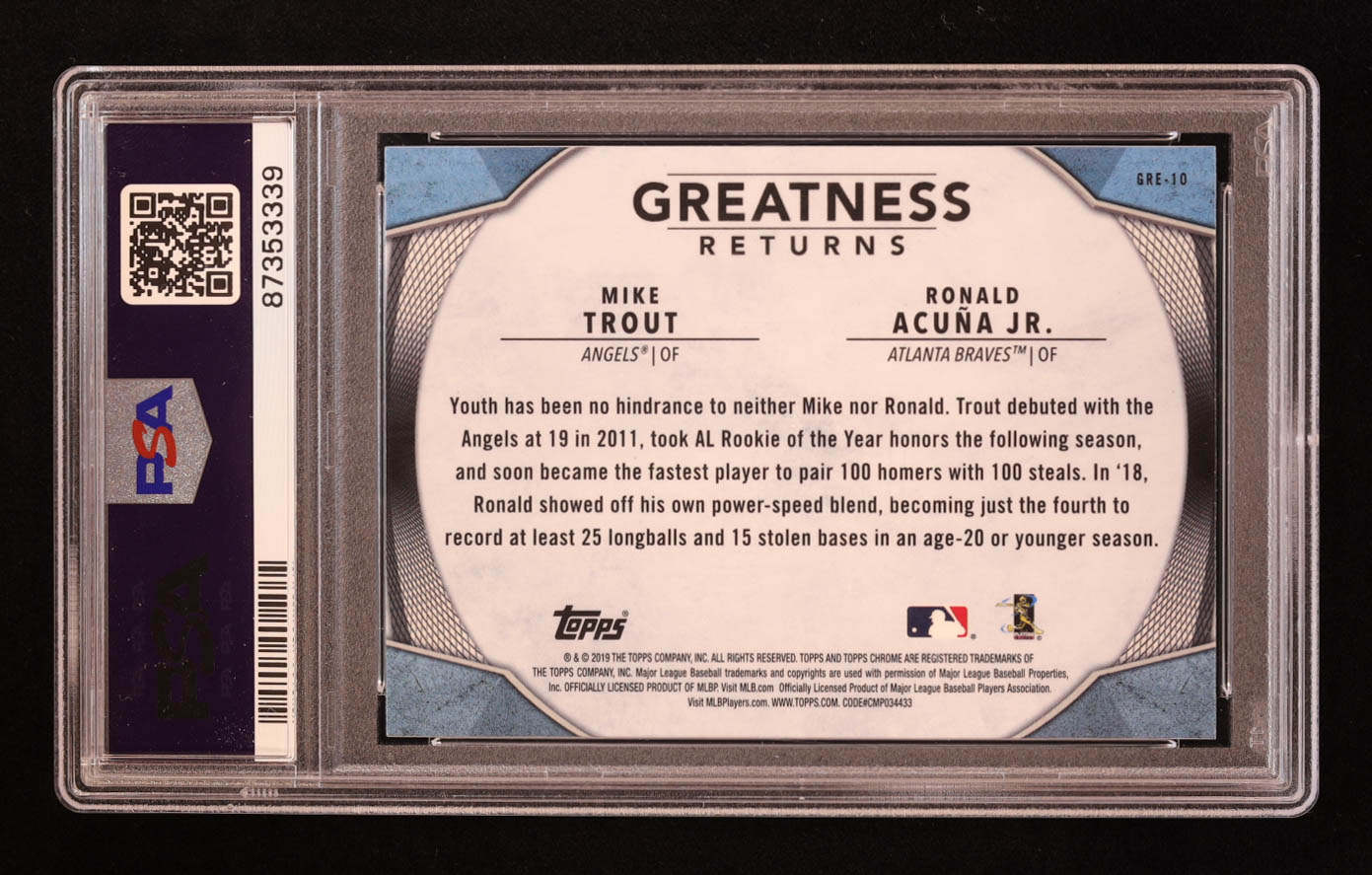 Ronald Acuna Jr. / Mike Trout 2019 Topps Chrome Greatness Returns #GRE10 (PSA 10) at PristineAuction.com Ronald Acuna Jr. / Mike Trout 2019 Topps Chrome Greatness Returns #GRE10 (PSA 10) at PristineAuction.com