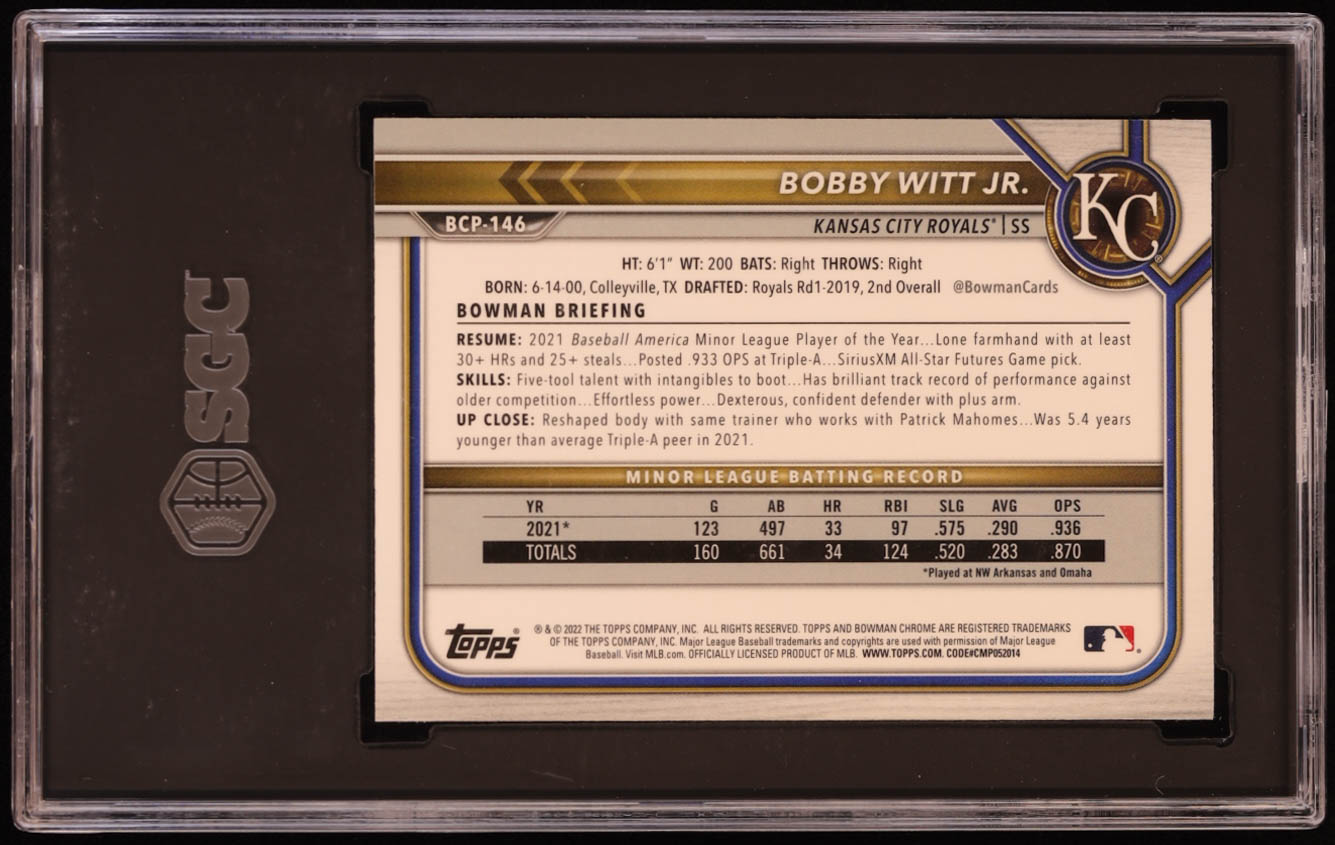 Bobby Witt Jr. 2022 Bowman Chrome Mega Box Prospects #BCP146 RC (SGC 10) at PristineAuction.com Bobby Witt Jr. 2022 Bowman Chrome Mega Box Prospects #BCP146 RC (SGC 10) at PristineAuction.com