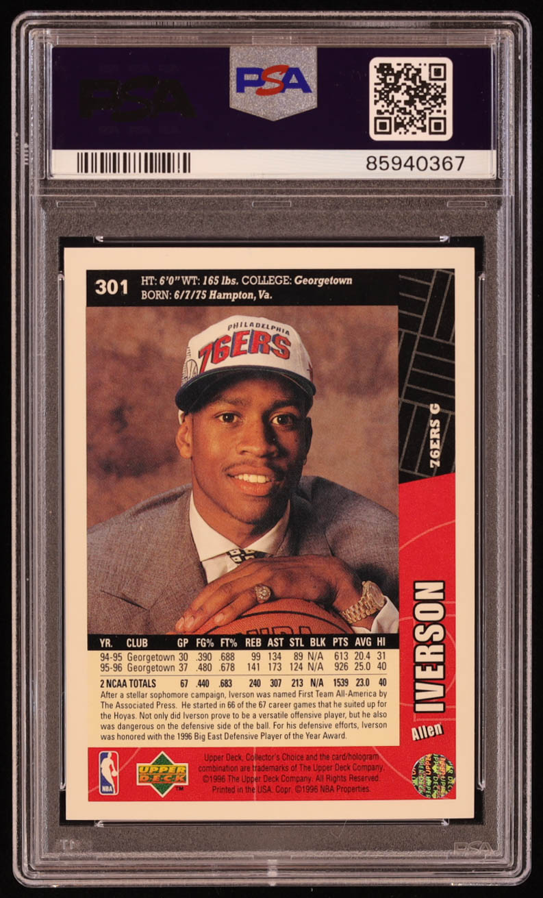 Allen Iverson 1996-97 Collector's Choice #301 RC (PSA 9) at PristineAuction.com Allen Iverson 1996-97 Collector's Choice #301 RC (PSA 9) at PristineAuction.com