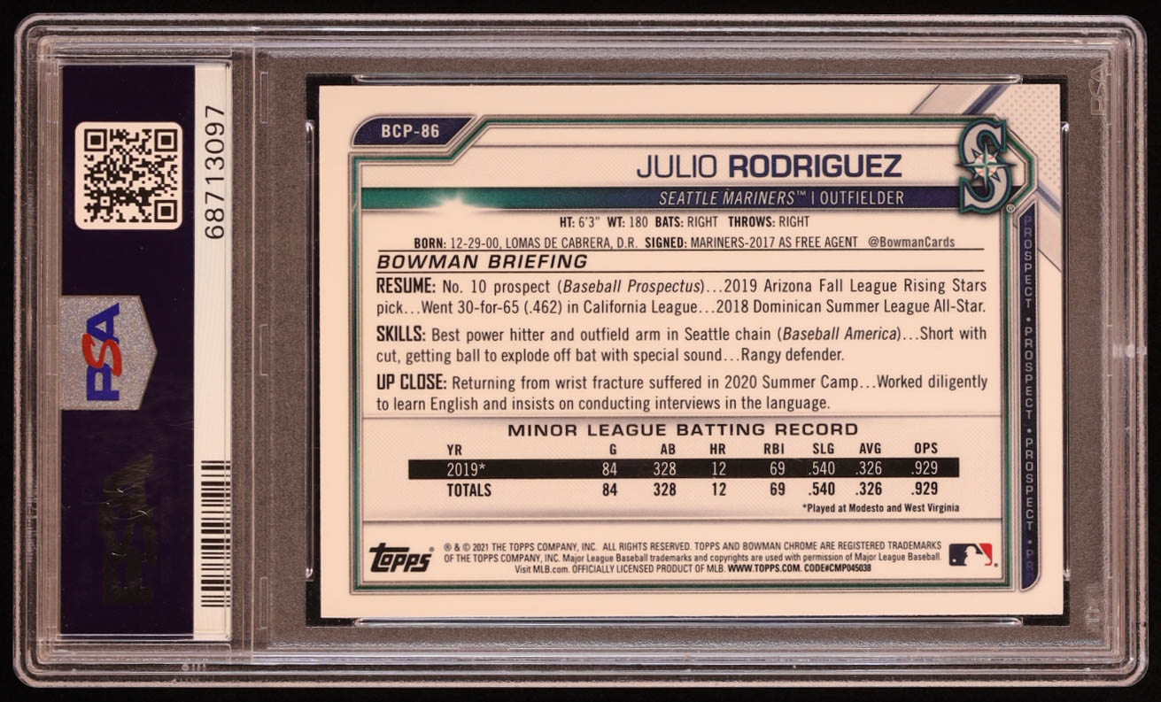 Julio Rodriguez 2021 Bowman Chrome Sapphire Prospects #BCP86 RC (PSA 10) at PristineAuction.com Julio Rodriguez 2021 Bowman Chrome Sapphire Prospects #BCP86 RC (PSA 10) at PristineAuction.com