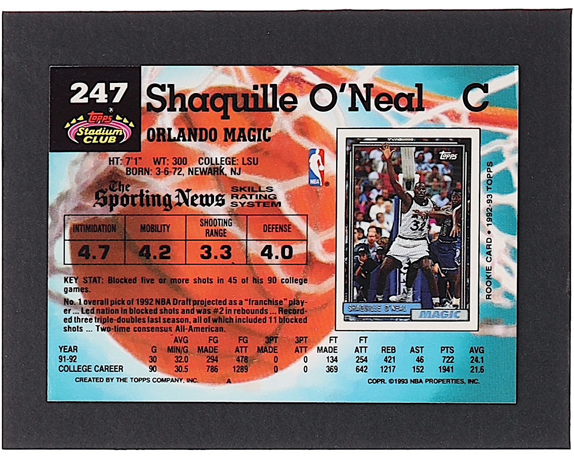 Shaquille O'Neal 1992-93 Stadium Club #247 RC at PristineAuction.com Shaquille O'Neal 1992-93 Stadium Club #247 RC at PristineAuction.com