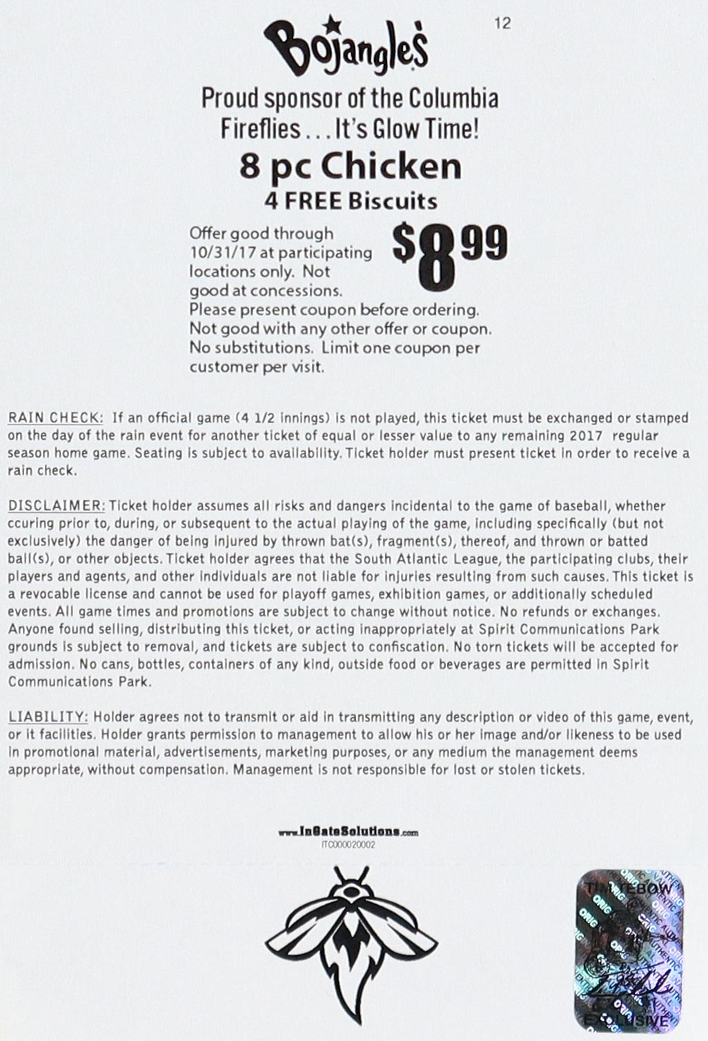 Tim Tebow Signed 2017 Columbia Fireflies vs. Augusta GreenJackets Opening Night Ticket (Tebow) at PristineAuction.com Tim Tebow Signed 2017 Columbia Fireflies vs. Augusta GreenJackets Opening Night Ticket (Tebow) at PristineAuction.com