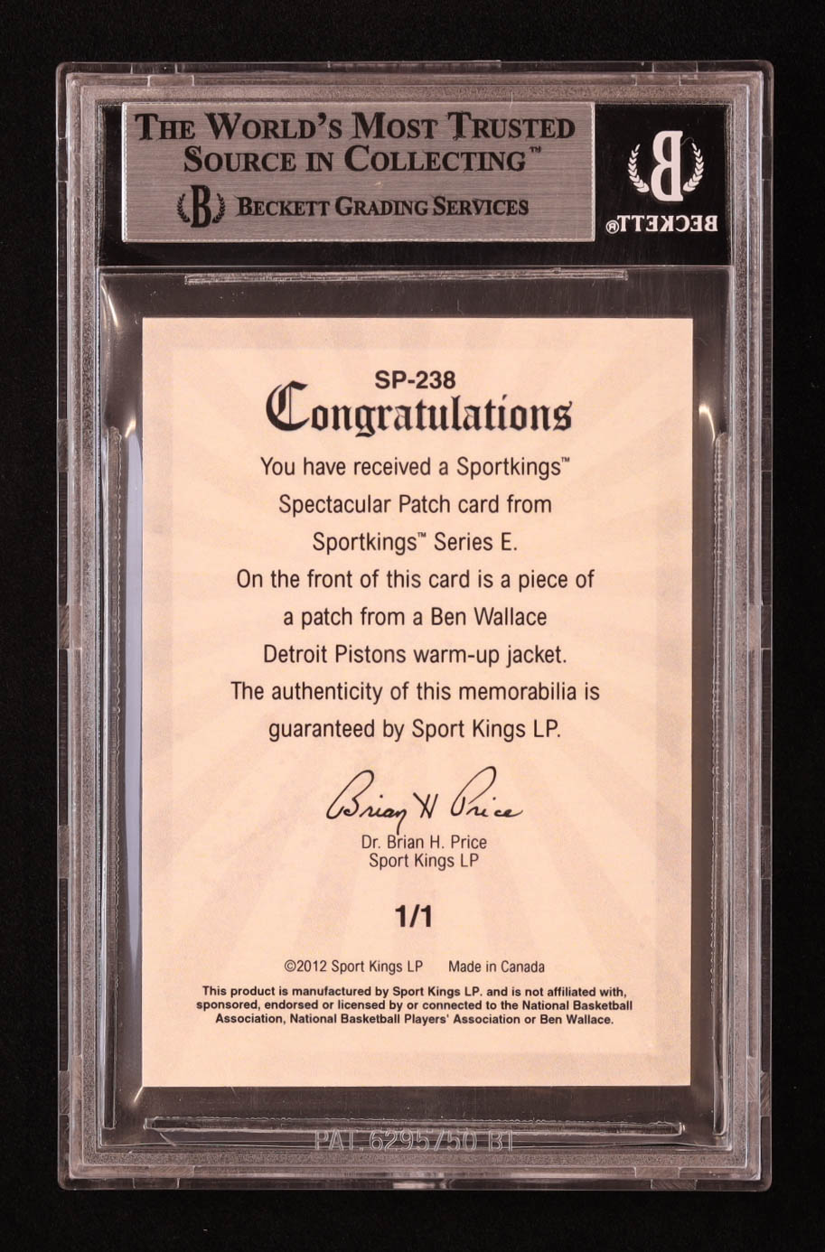 Ben Wallace 2012 Sportkings Spectacular Patch #SP238 #1/1 (BGS 9 ...